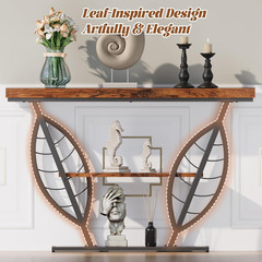 Leaf Design Console Table for Entryway, 3-Tier Storage, 30Mm Thick Rustic Brown