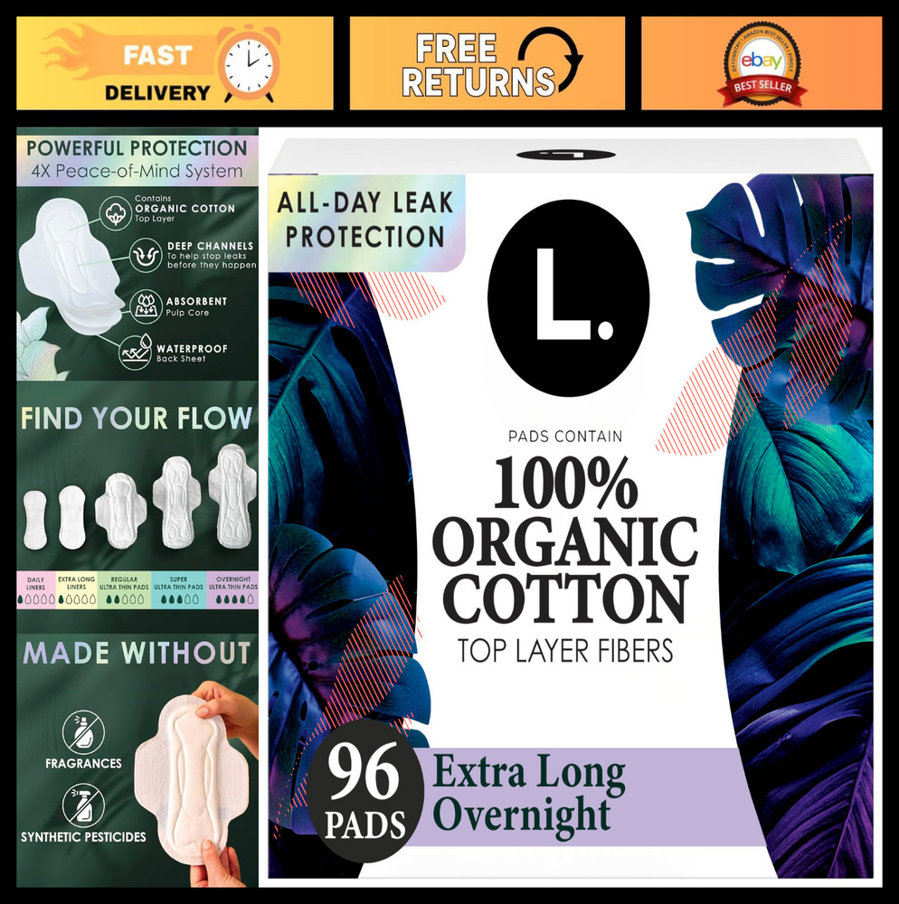 Ultra Thin Overnight Pads for Women, Organic Cotton, Unscented, 96 Count (4 Pack