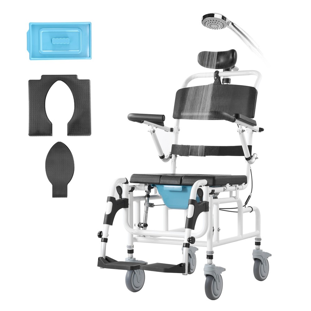 VEVOR Shower Wheelchair Bathroom Commode Wheelchair 17.5″w Seat 300lbs Capacity