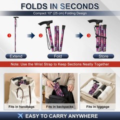 supregear Folding Cane, 5-Level Adjustable Height Walking 10″, Purple Floral