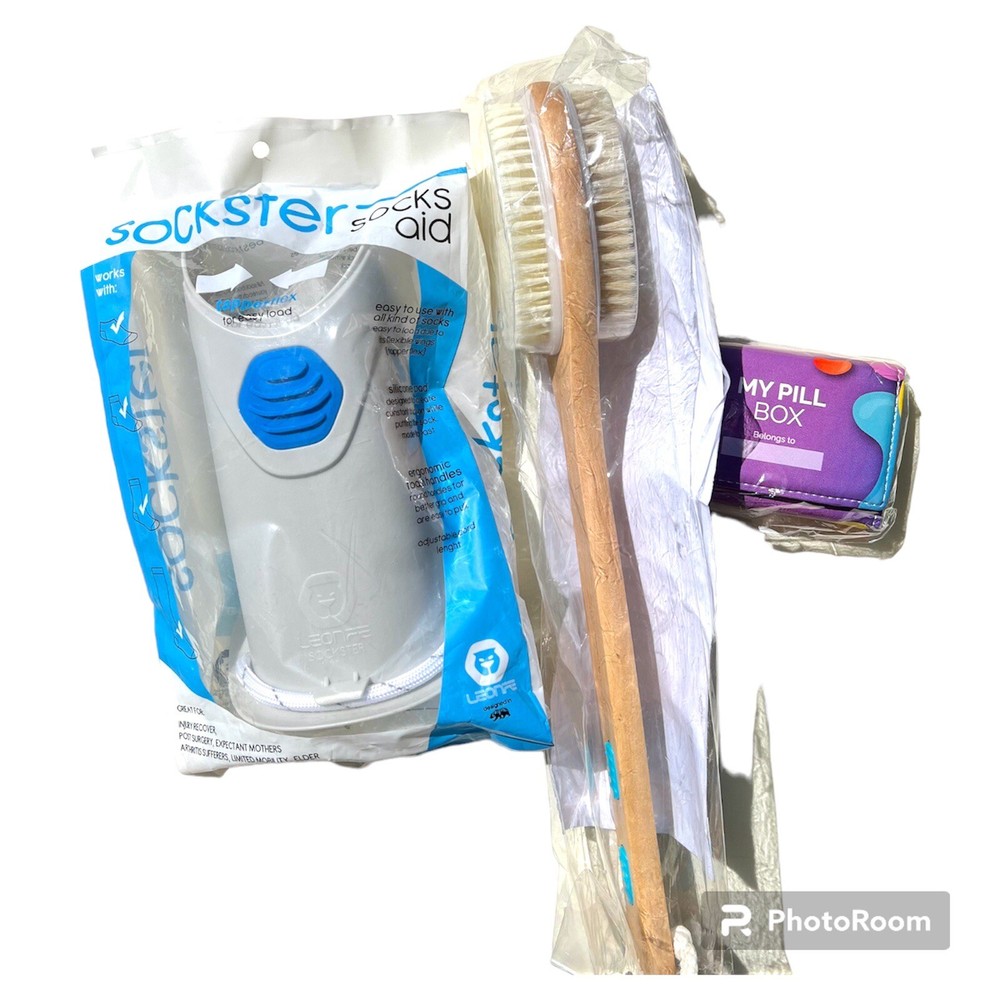 Three Piece Set assist for putting on socks Pill Box Shower Brush Gift Lot