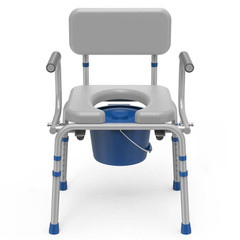 Gray Drop Arm Bedside Commode with Padded Seat, Backrest, Removable Bucket and A