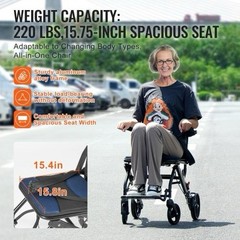 Foldable Aluminum Transport Wheelchair with 15.75in Seat Supports 220lb Open Box