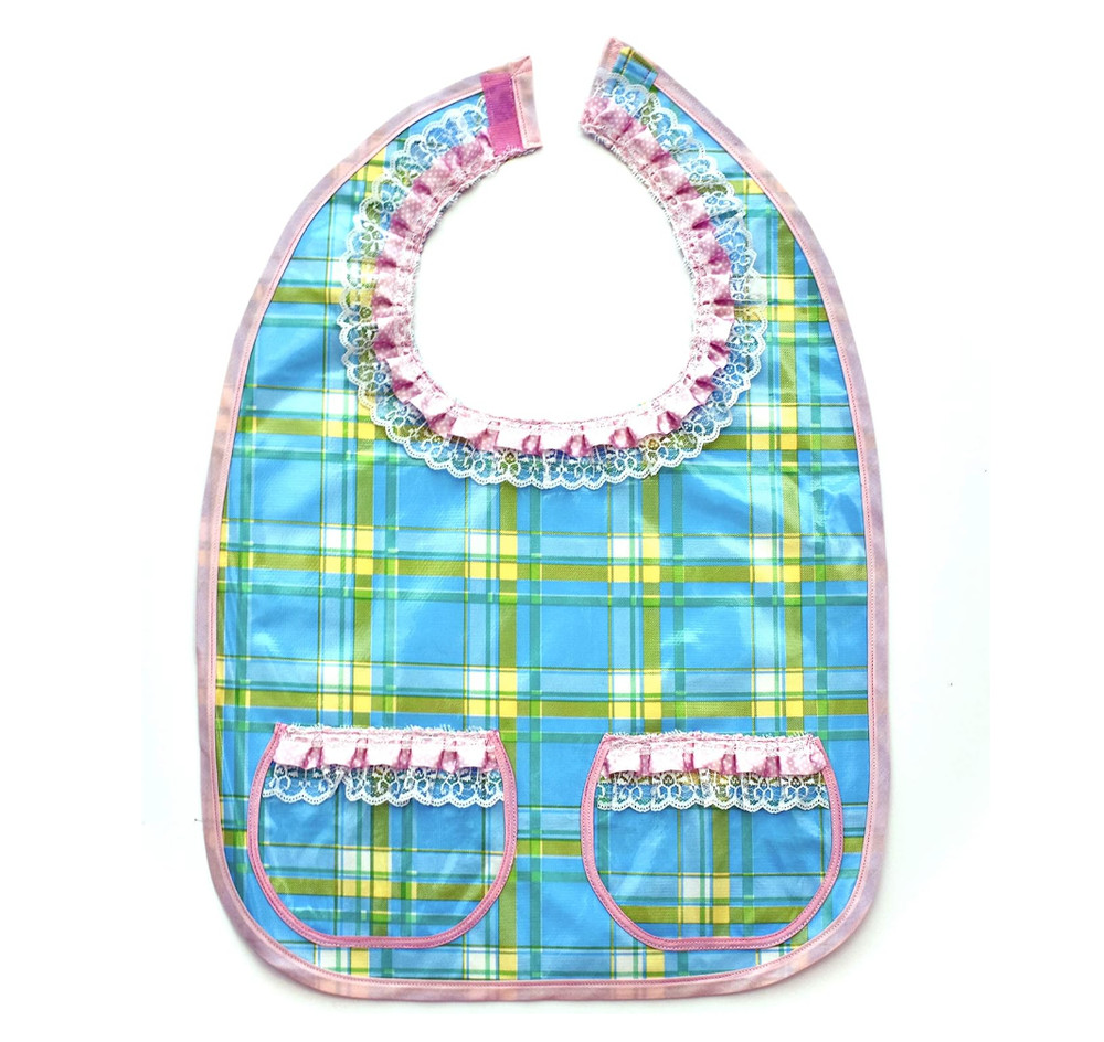 Adult Dining Oilcloth Bib,Blue Plaid,Pink Lace Collar,Loop&Hook Closure,2Pockets