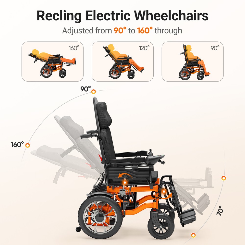 Reclining Medical Foldable Electric Wheelchair w/ 90–160° Back Support 16″ Wheel