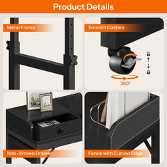 Rolling Overbed Table with Outlets & Light Strip, Adjustable Height, Black
