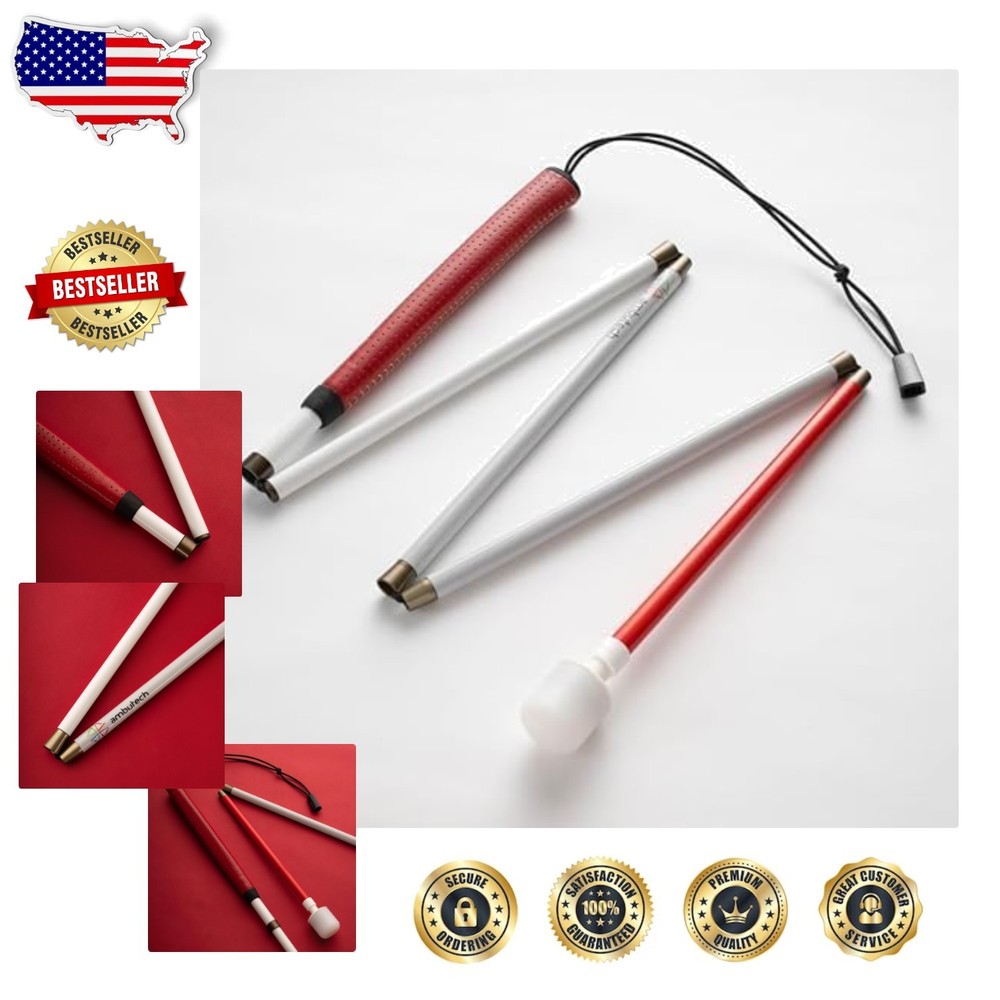 Ambutech Graphite Cane – Shock-Absorbing Handle, Leather Grip, 60″ White/Red