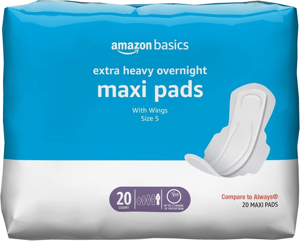 Amazon Basics Thick Maxi Pads with Wings for Periods – Extra Heavy Size 5