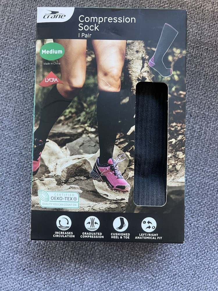 Crane Compression Socks Black Size Medium Unisex Men Women NIB