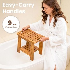 18″ Standard Teak Shower Bench with Shelf & Handle – Waterproof