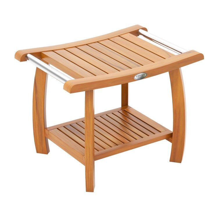 2-Tier Teak Wood Bath Storage Bench Shower Stool With Curved Seat and Handles