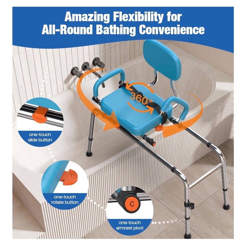 VEVOR 330LBS Sliding Tub Transfer Bench Shower Chair w/360 Degree Swivel Seat