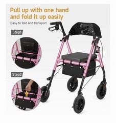 FlyingJoy Rollator Walker with Seat and Brakes Blue 300 lbs Adults Bariatric