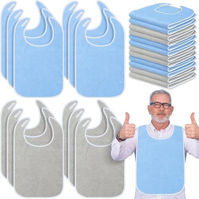 12 Adult Bibs for Men Women Washable Adjustable Elderly Bib with Hook and Loop