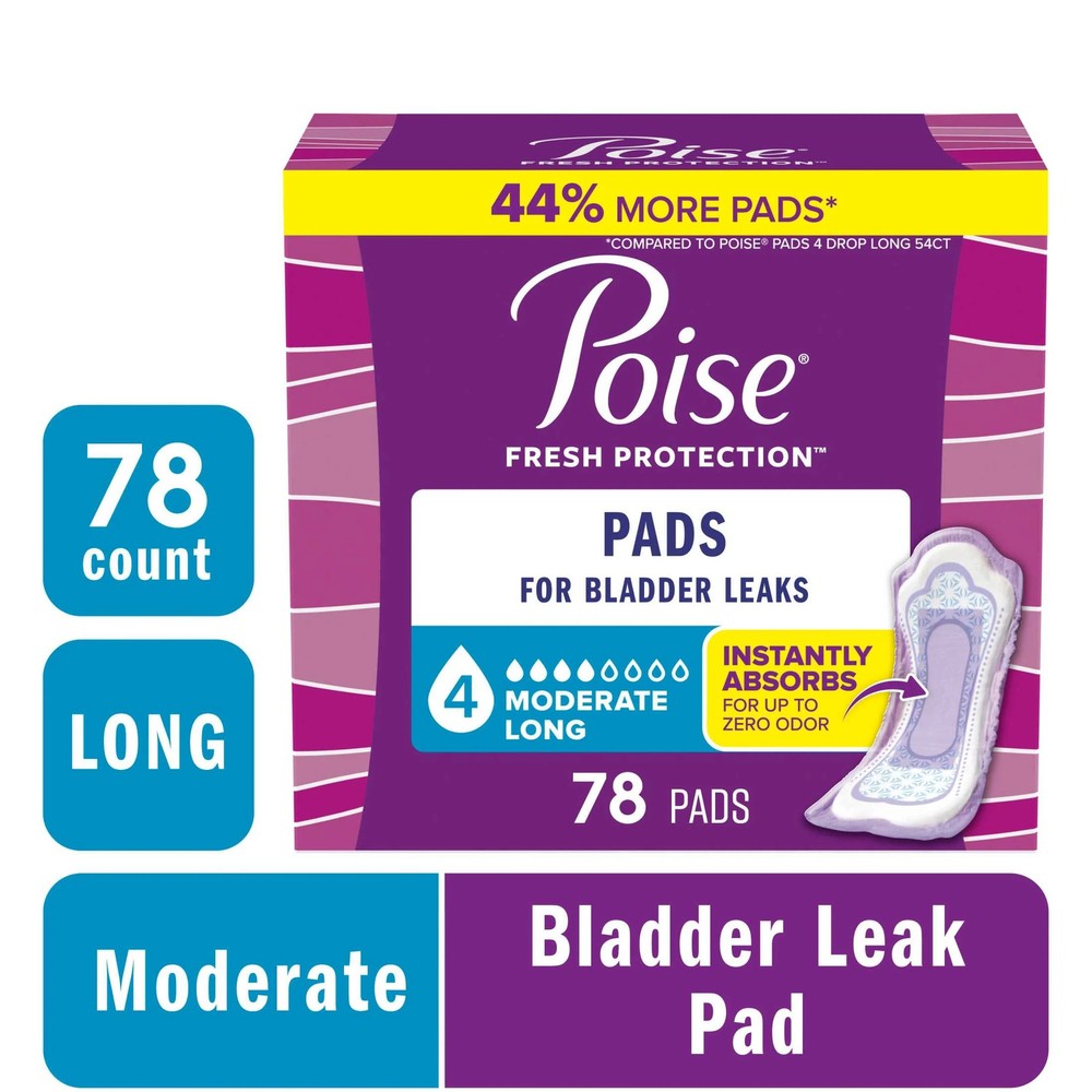 Incontinence Pads for Women, 4 Drop Moderate Absorbency, Long Length, 78 Count