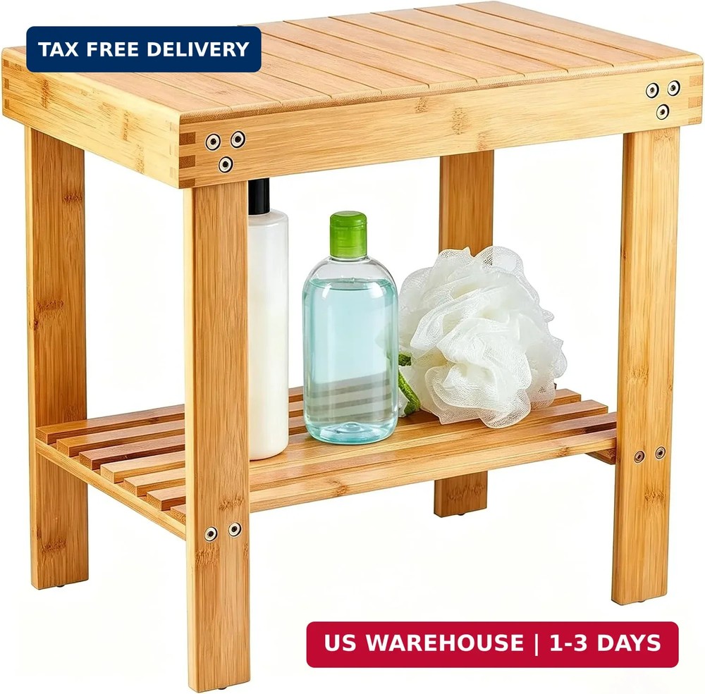 VaeFae Bamboo Shower Bench, Spa Bench Seat Stool, Foot Rest Shaving Stool with N