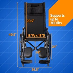 Medline Reclining Wheelchair, 18″, with Elevating Leg Rests, 300 Lbs. Limit.