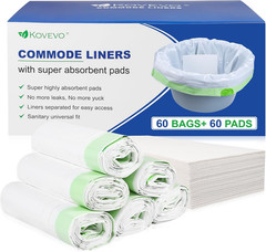 60 Pack Commode Liners with Absorbent Pads | 60 Bedside Commode Liners and 60 Co