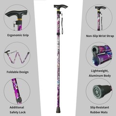 Portable Adjustable Folding Cane with Internal Wrist Strap & Ergonomic Grip