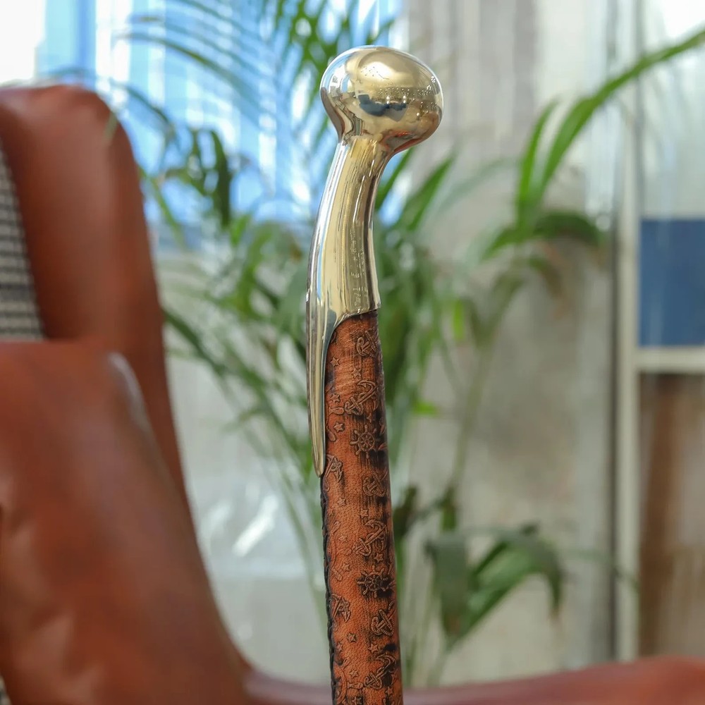 37″ HandCarved Wooden Walking Cane Polished Brass Handle Nautical Floral Design