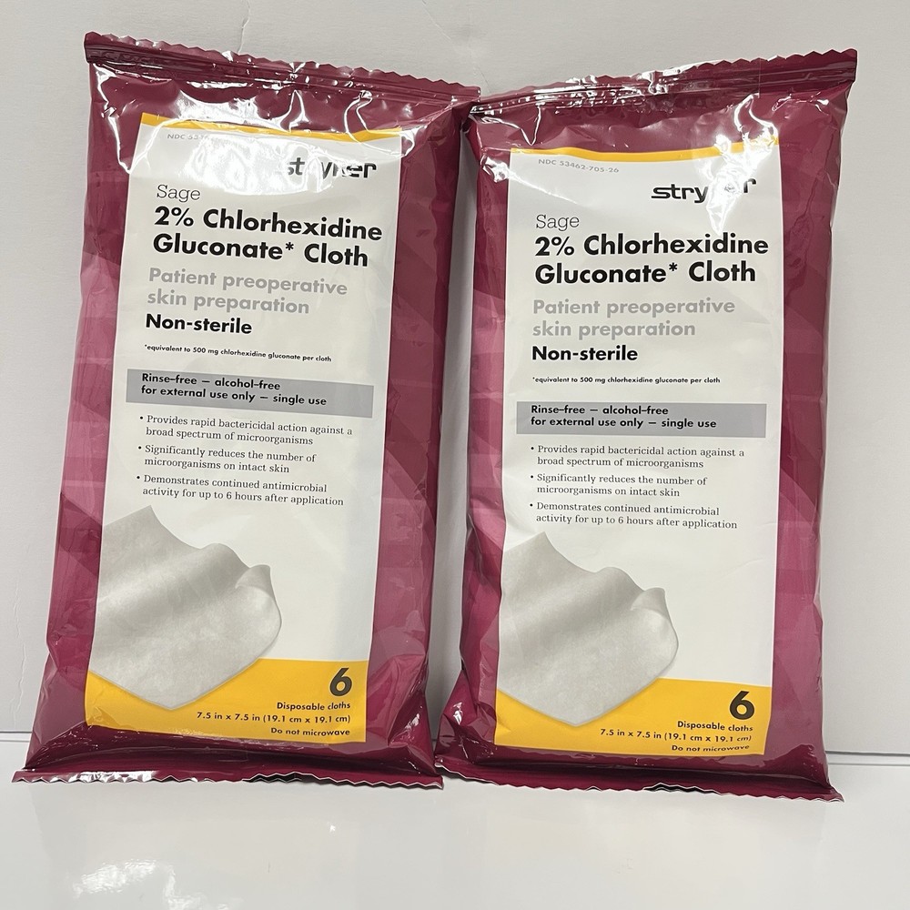 2 Stryker Sage 2% Chlorhexidine Gluconate Cloth 6 Disposable clothes 2 Packs I