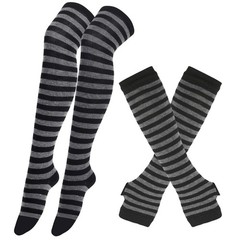 1 Set Women Girls Over Knee Long Stripe Printed Thigh High Cotton Socks Arm Slee