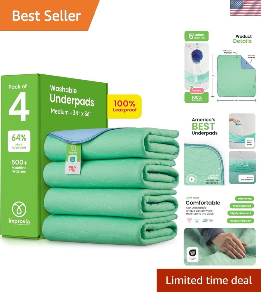 Washable Underpads, 34″ x 36″ Pack of 4 – Heavy Absorbency Reusable Bedwettin…