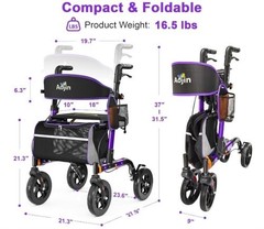 Aojin Lightweight & Foldable Rollator Walker w/Seat, 8″ All-Terrain, 18″ Seat…