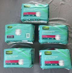 NEW x 5 (14) PACKETS DEPEND INCONTINENCE UNDERWEAR NORMAL SZ L 97 -117 cm UNISEX