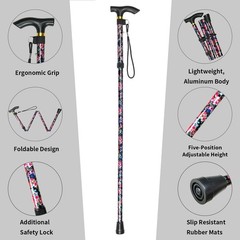 Adjustable Folding Cane Lightweight Aluminum Walking Stick with Wrist Strap f…