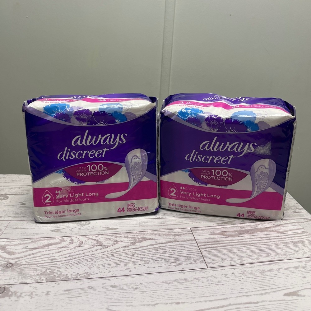 Always Discreet Very Light Long Liners 2 Packs of 44 Count 88 Total Bladder Leak