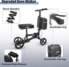 Aojin Knee Scooter Steerable Portable Walker 8″ Front Wheels Senior 300lb Black