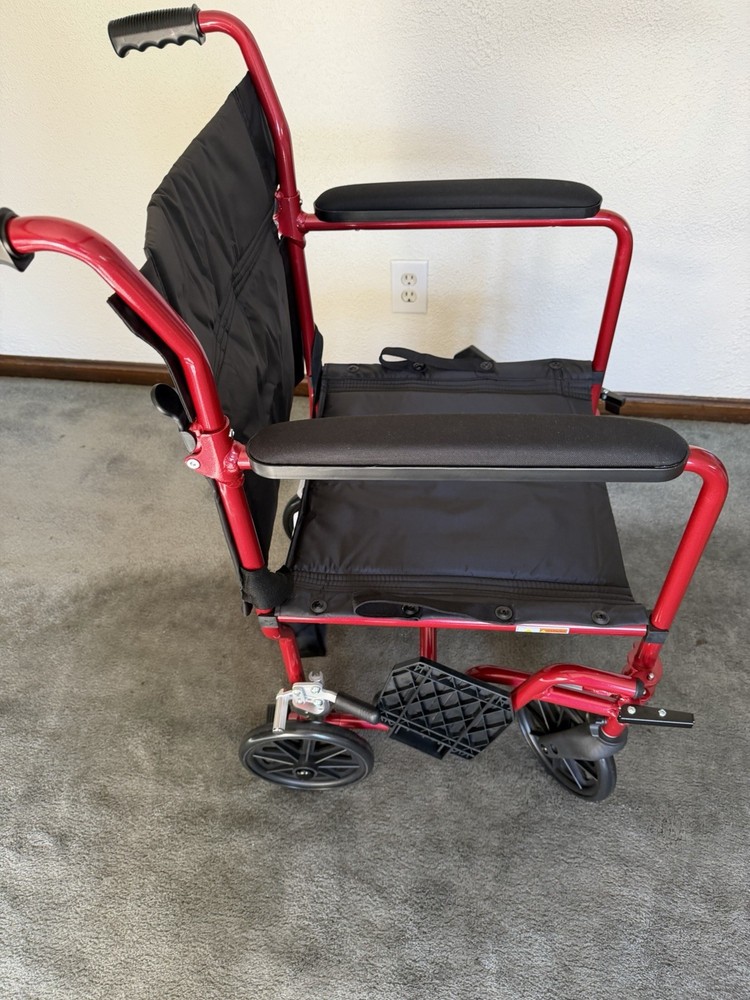 Drive Medical Fly Lite Ultra Lightweight Folding Transport Wheelchair, Red