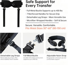 Gait Belt, Upgraded with Metal Buckle & Detachable Leg Straps, 7 Reinforced Hand
