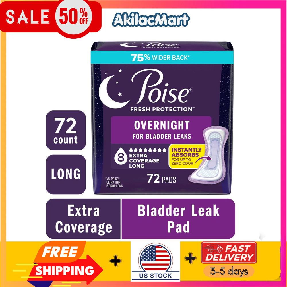Poise Overnight Incontinence & Postpartum Pads for Bladder Leaks, 72 Count