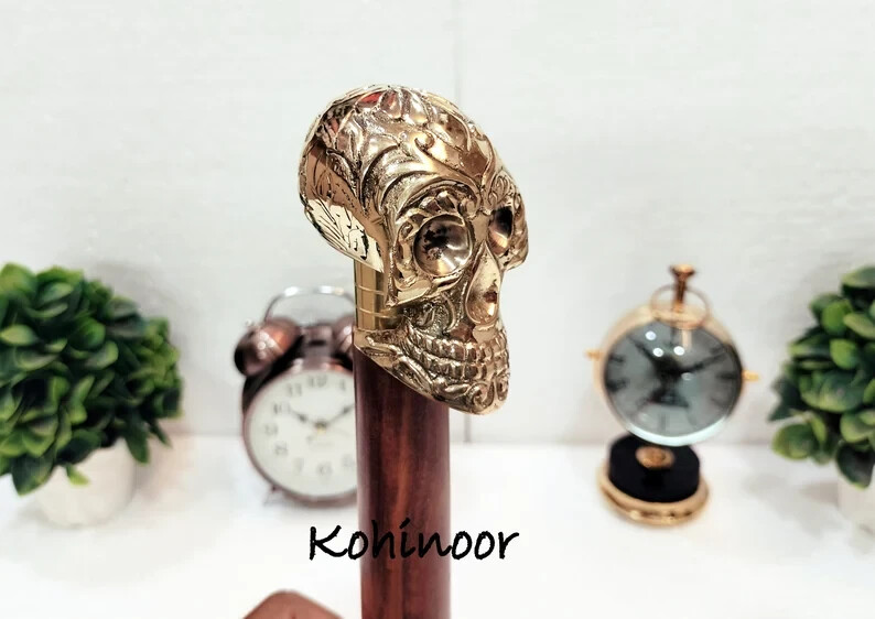 Vintage Trekking Hiking Antique Brass Nautical Decorative Skull Head Handle Cane