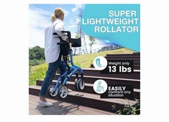 PlanetWalk Super Lightweight Rollator Walker w/Seat Blue, 300lb 8” Wheel