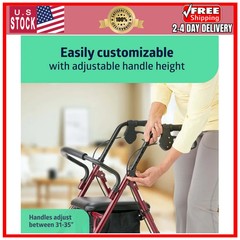 Medline Steel Rollator Walker with Seat, Foldable, Burgundy