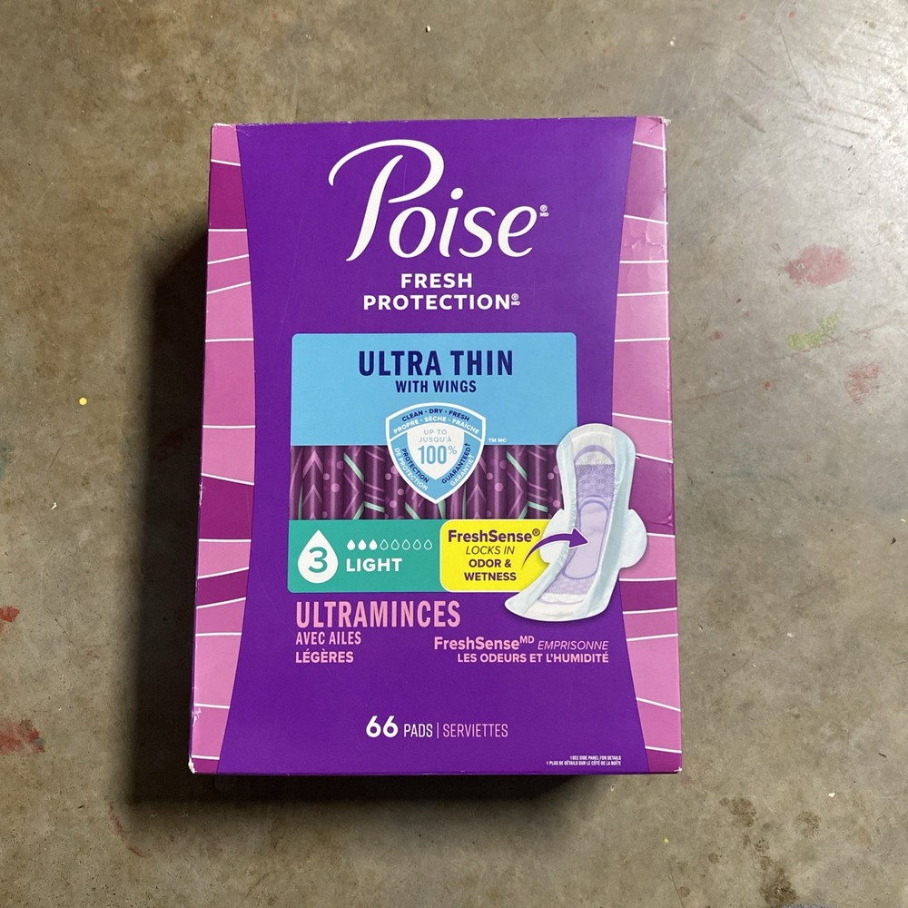 1 PK DAMAGED BOX Poise Ultra Thin Incontinence Pads w/Wings, Light, 66Ct EA