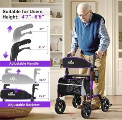 Aojin Lightweight & Foldable Rollator Walker w/Seat, 8″ All-Terrain, 18″ Seat…