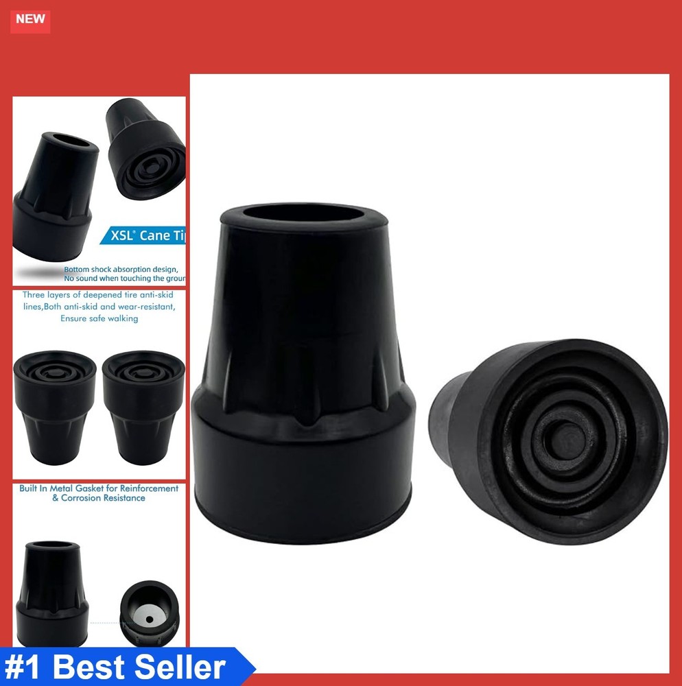 Cane Tips 7/8 Inch Black Natural Rubber Metal Reinforced Pack of 2 Replacement