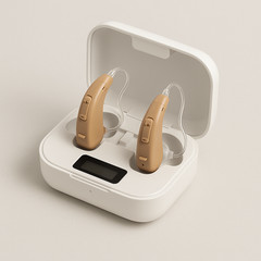 LEEL G28 BTE OTC Rechargeable Hearing Aids Pair Tan Charging Case LCD Display