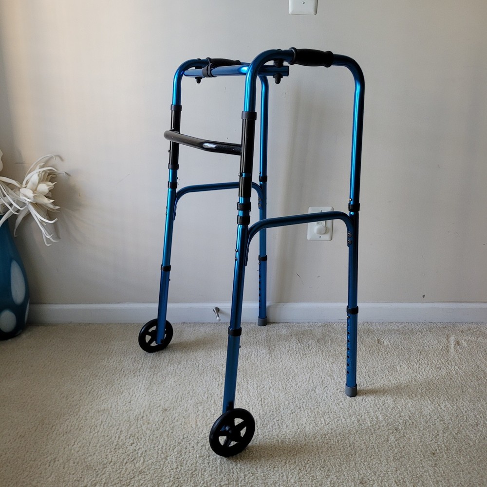1 Button Folding Walker, 2 front Wheel, 4 Legs Height Adjustment from 32-37 inch