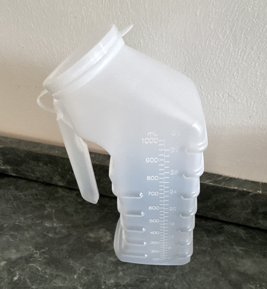 Portable Urinal 1000 ml Reusable Plastic Bottle, White/Clear 9.5 in High