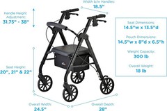 NOVA STAR 8 Rollator Walker w/Perfect Fit System Ltweight Folding-OPENBOX BLACK