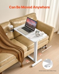 Uimoso Overbed Table Mobile Bed Side Desk with 4 Hidden Wheels Cup Holder White