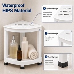 Shower Foot Rest 16in HIPS Shower Stool Waterproof Corner Storage Shelf White