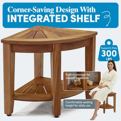 the Original 15.5″ Kai Corner Teak Shower Bench – Shower Stool with Storage Shel
