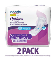 Equate Options Incontinence Pads for Women, Ultimate, Long, 51-102 Count