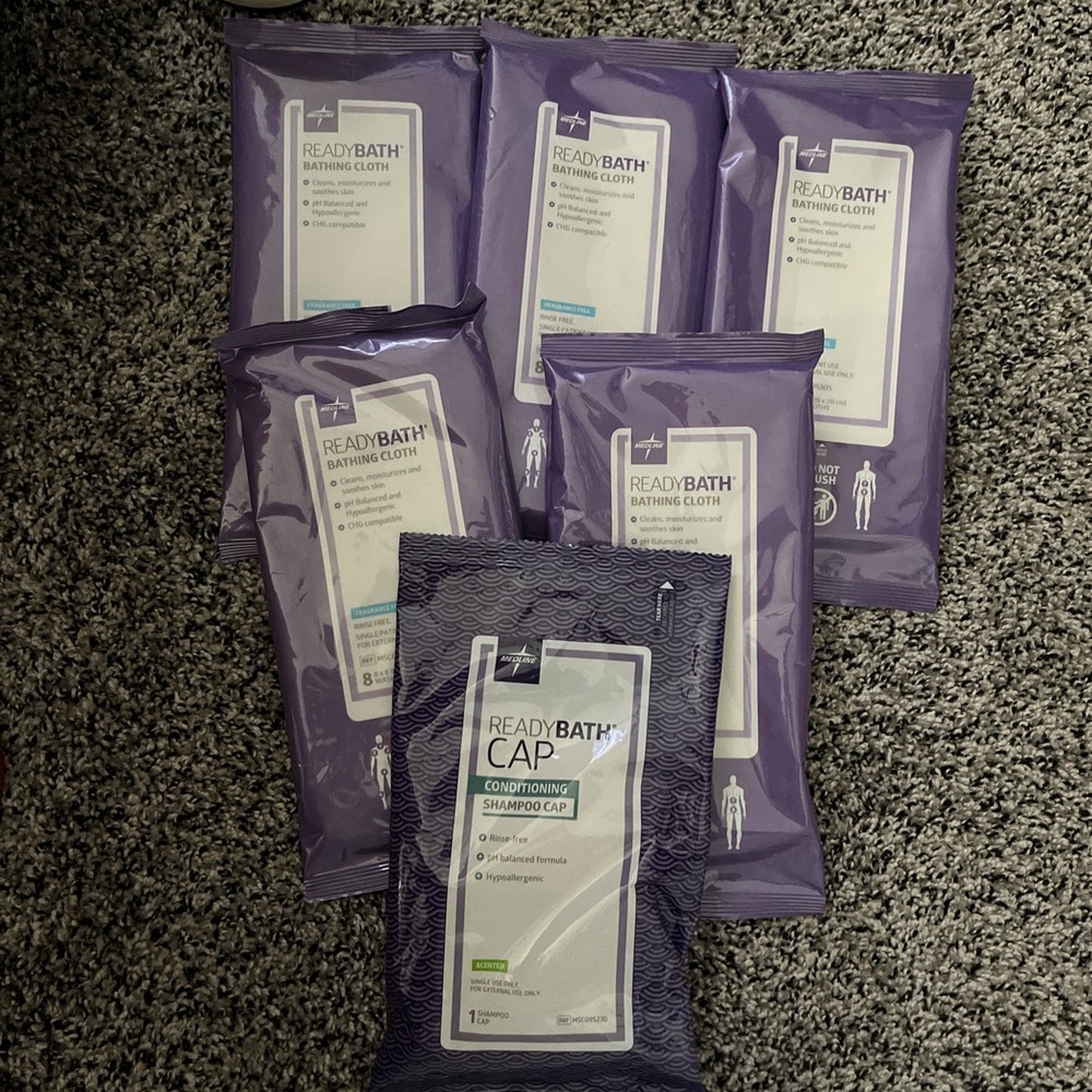 5 Pkgs of Medline ReadyBath Select Bathing Cloth Fragrance Free & Shampoo Cap